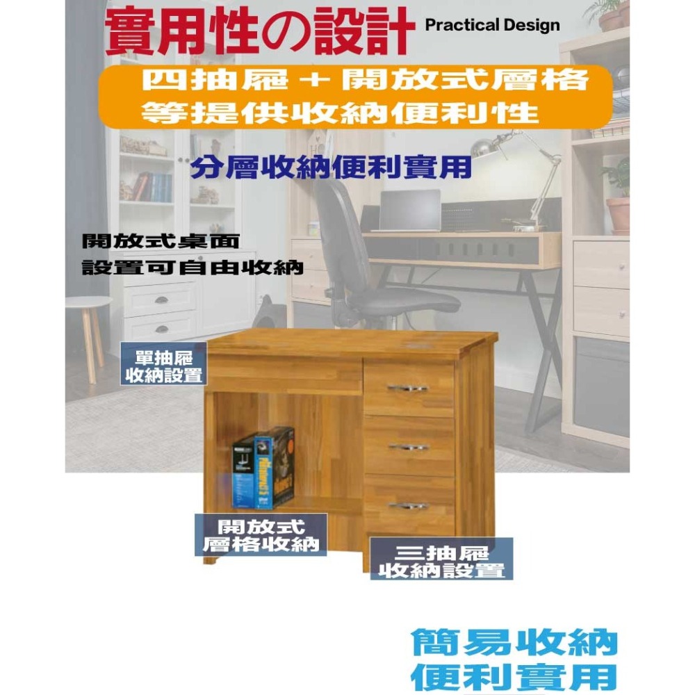 【綠家居】心語3尺四抽書桌-細節圖6