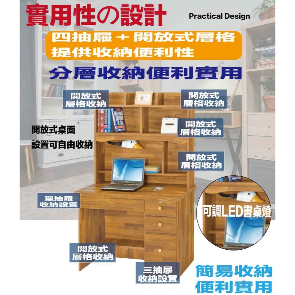 【綠家居】心語3.5尺四抽書桌組合(附可調護眼燈)-細節圖6