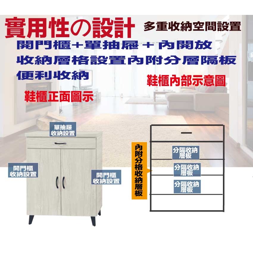 【綠家居】艾可曼2.7尺二門單抽低鞋櫃-細節圖7