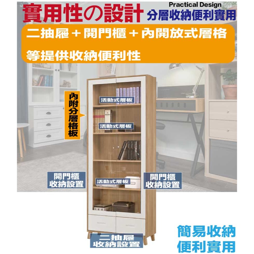 【綠家居】卡蜜雙色2.7尺二門二抽書櫃-細節圖7