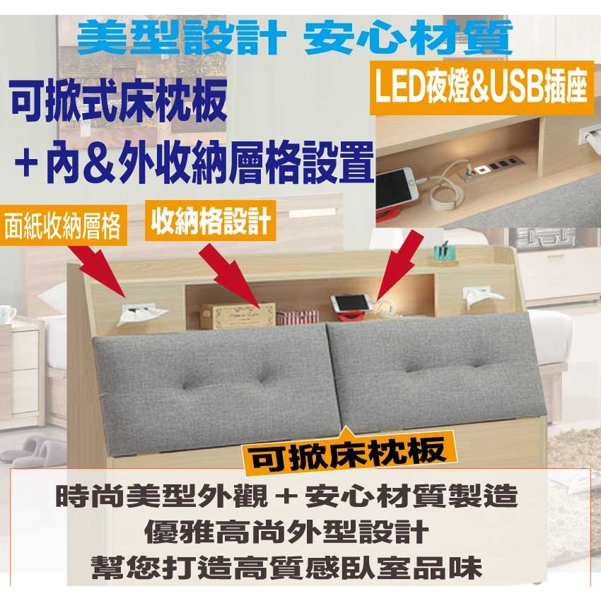 【綠家居】歐瑞5尺雙人貓抓皮夜燈床頭箱(不含床底＋不含床墊)-細節圖6