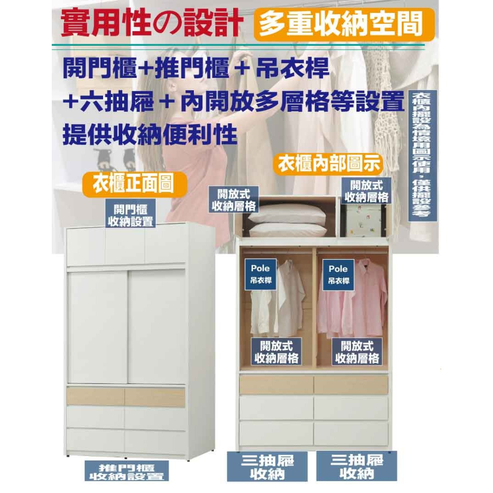 【綠家居】歐瑞雙色4.5尺開＆推門六抽加高衣櫃組合-細節圖7