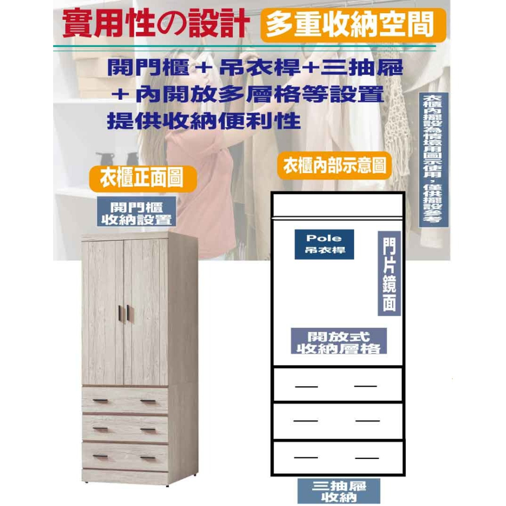 【綠家居】畢爾2.5尺二門三抽衣櫃(二色可選)-細節圖7