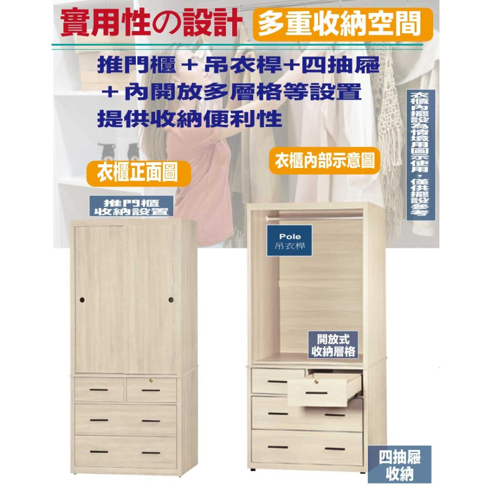 【綠家居】包爾3.2尺推門四抽衣櫃(二色可選)-細節圖6