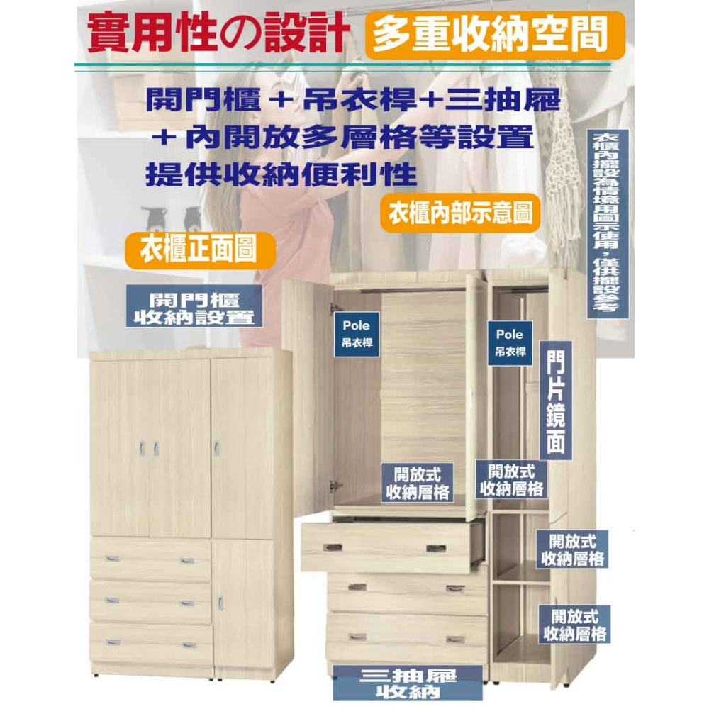 【綠家居】包爾4尺四門三抽衣櫃(三色可選)-細節圖7