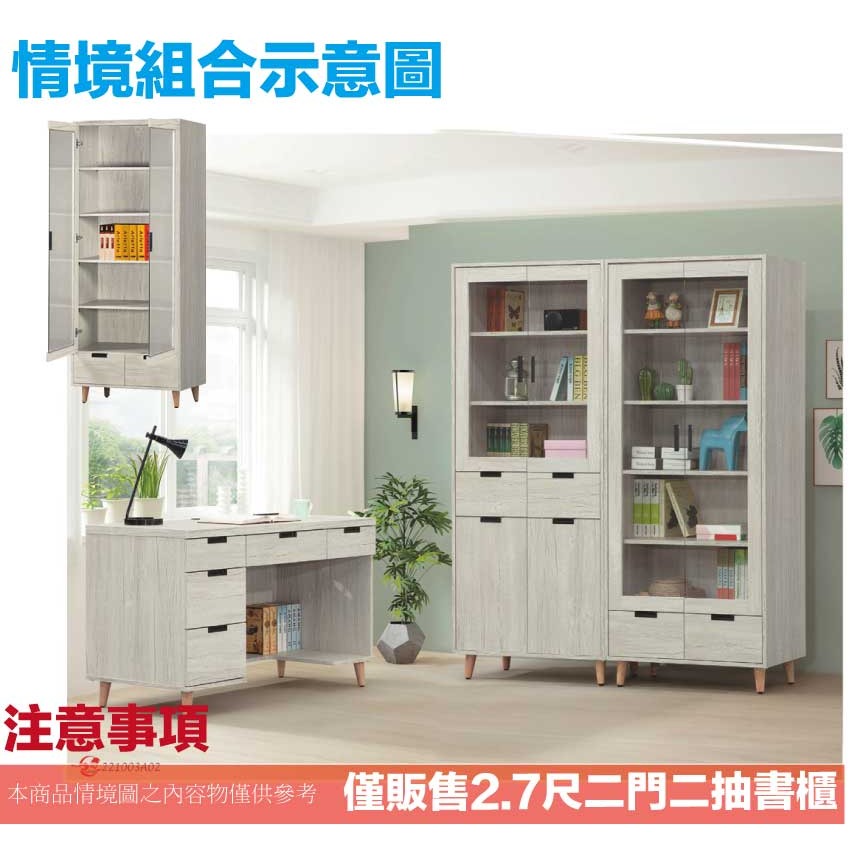 【綠家居】瑪爾2.7尺二門二抽書櫃-細節圖10