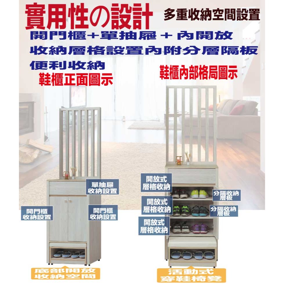 【綠家居】瑞瑟雙色2尺二門單抽屏風座鞋櫃組合-細節圖7
