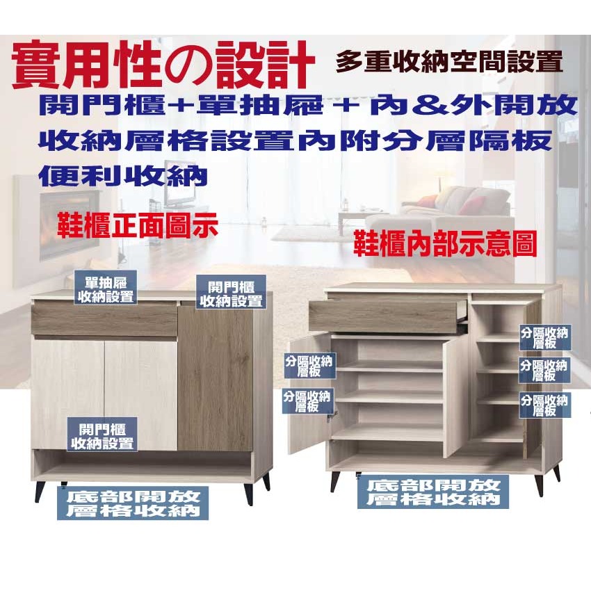 【綠家居】奧凱雙色4尺三門單抽鞋櫃-細節圖6