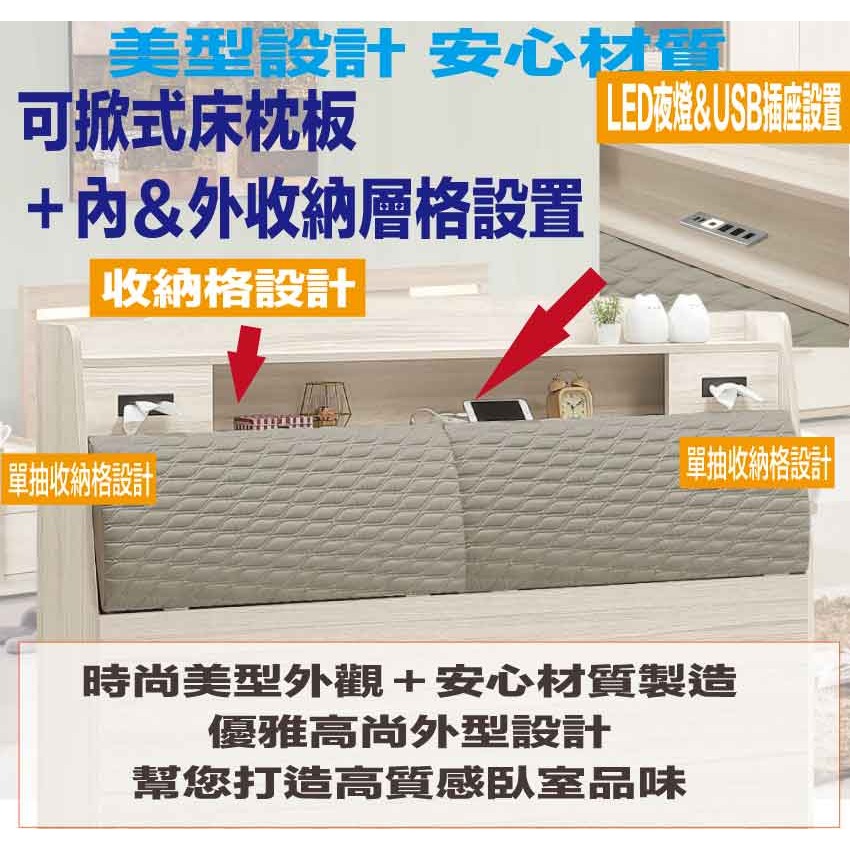 【綠家居】奧斯巴5尺雙人耐刮皮夜燈床頭箱(不含床底＋不含床墊)-細節圖6
