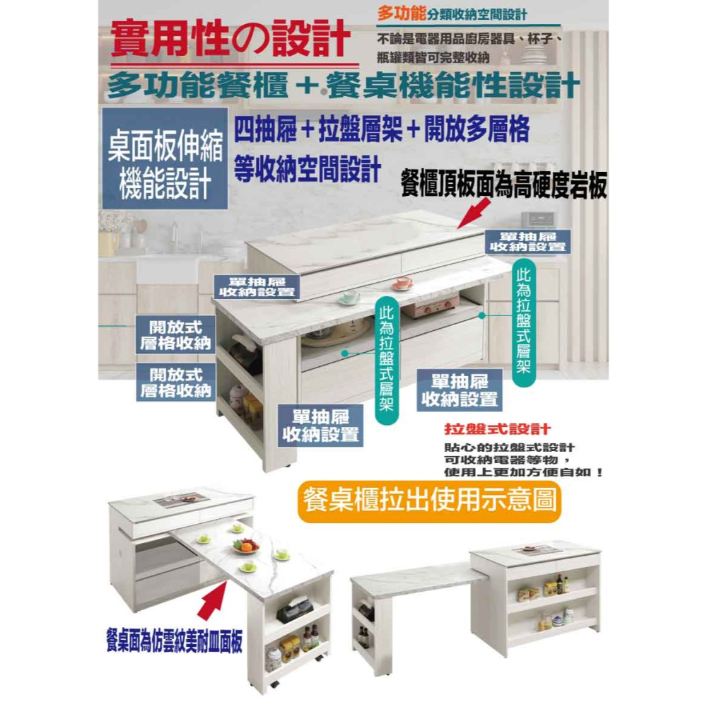 【綠家居】克卡利岩板4.1尺可伸縮拉盤中島桌/餐櫃組合(桌面板可拉合使用)-細節圖8