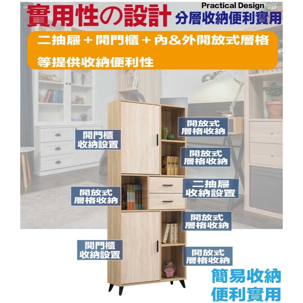 【綠家居】加利雙色2.7尺二門二抽書櫃-細節圖6