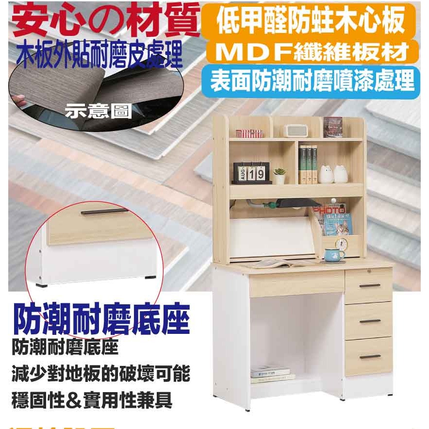 【綠家居】伊達雙色3尺四抽高書桌組合(二色可選＋附LED可調書桌燈)-細節圖5