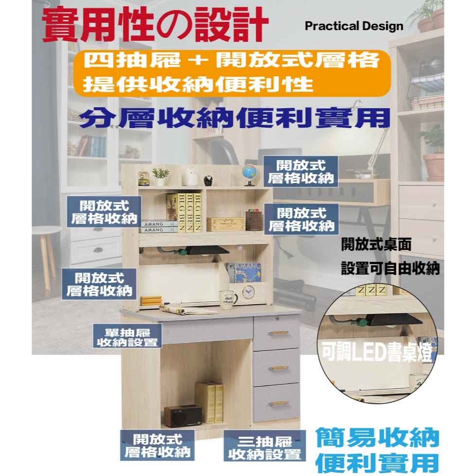 【綠家居】伊達雙色3尺四抽高書桌組合(二色可選＋附LED可調書桌燈)-細節圖6