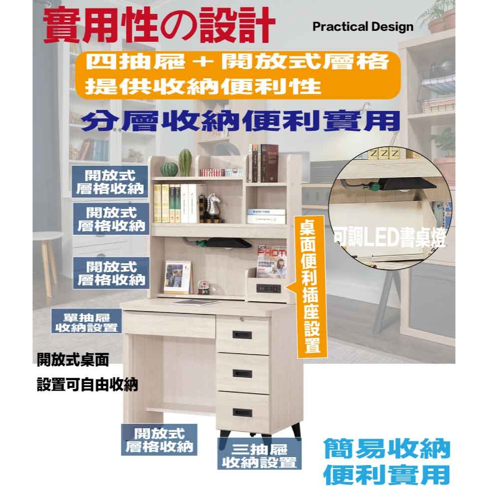 【綠家居】伊達2.9尺四抽插座高書桌組合(三色可選＋附LED可調書桌燈)-細節圖6