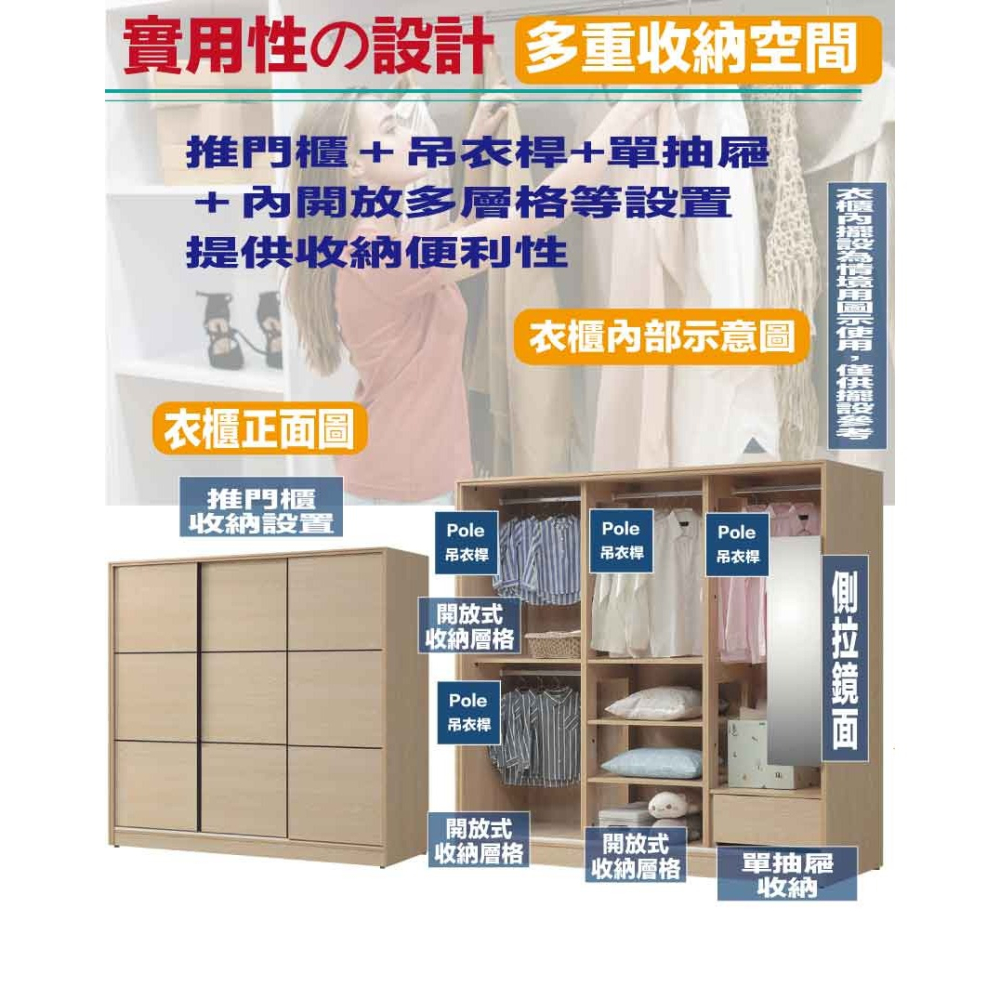 【綠家居】萬斯7.5尺推門衣櫃(內含穿衣鏡面)-細節圖7