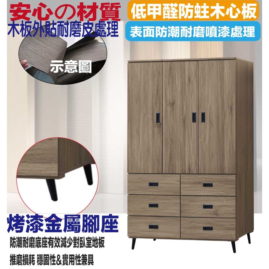 【綠家居】格斯灰橡4.1尺三門六抽衣櫃-細節圖5