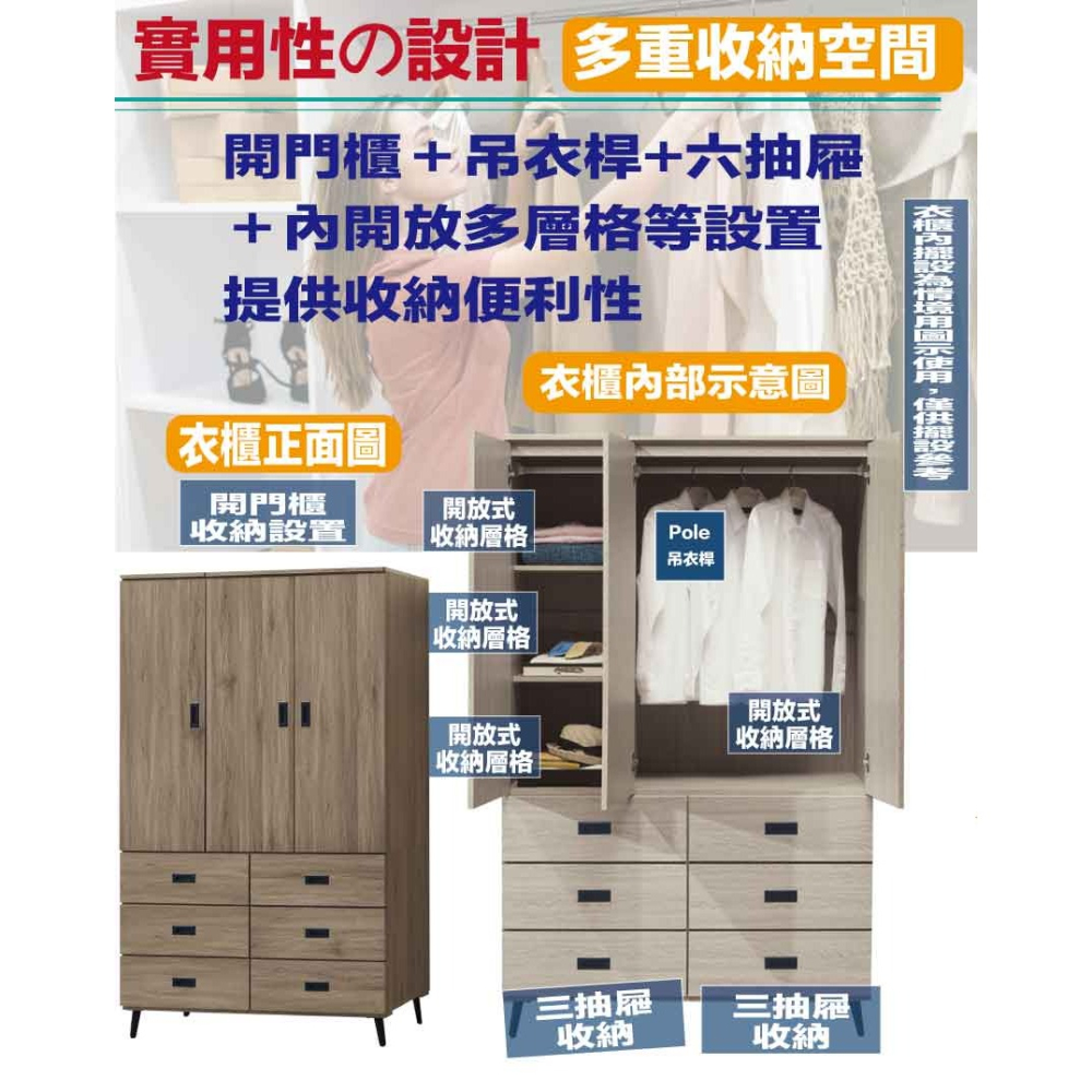 【綠家居】格斯灰橡4.1尺三門六抽衣櫃-細節圖7