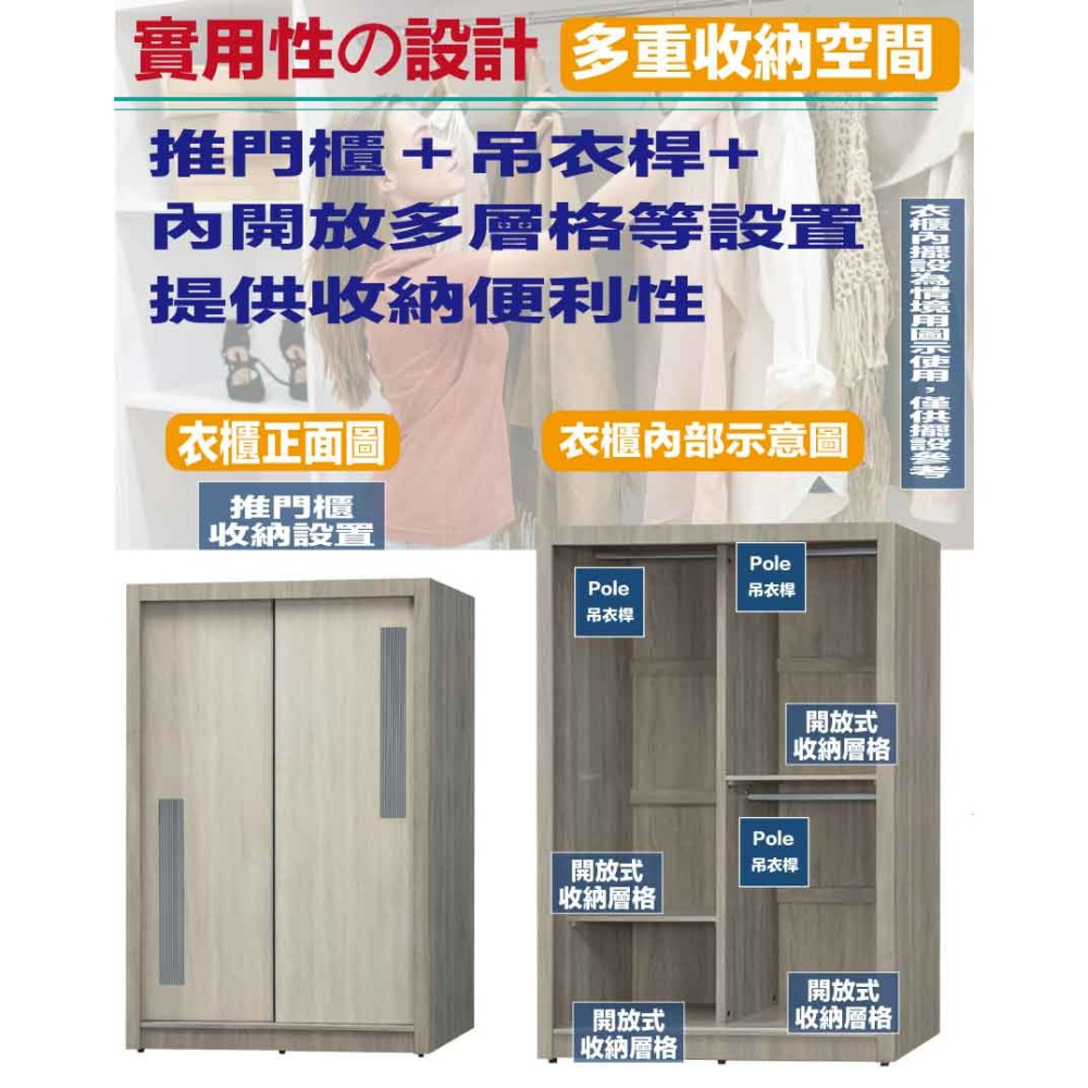 【綠家居】莉斯4尺推門衣櫃-細節圖6