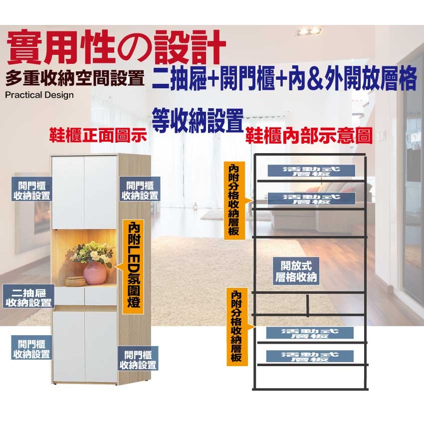 【綠家居】卡魯斯2尺二抽四門高玄關鞋櫃(附LED燈)-細節圖7