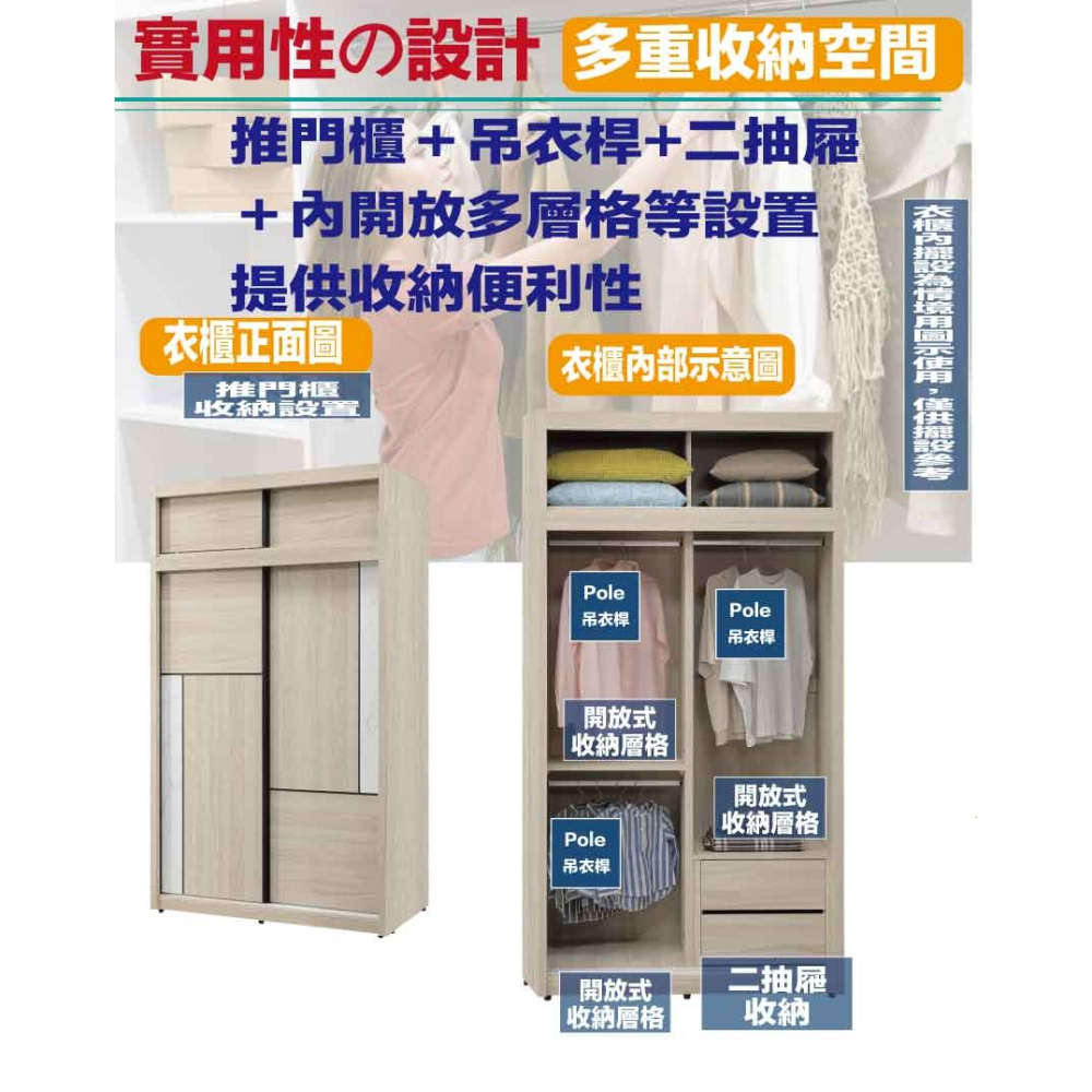 【綠家居】安卡蘭4.1尺多功能加高推門衣櫃組合-細節圖6