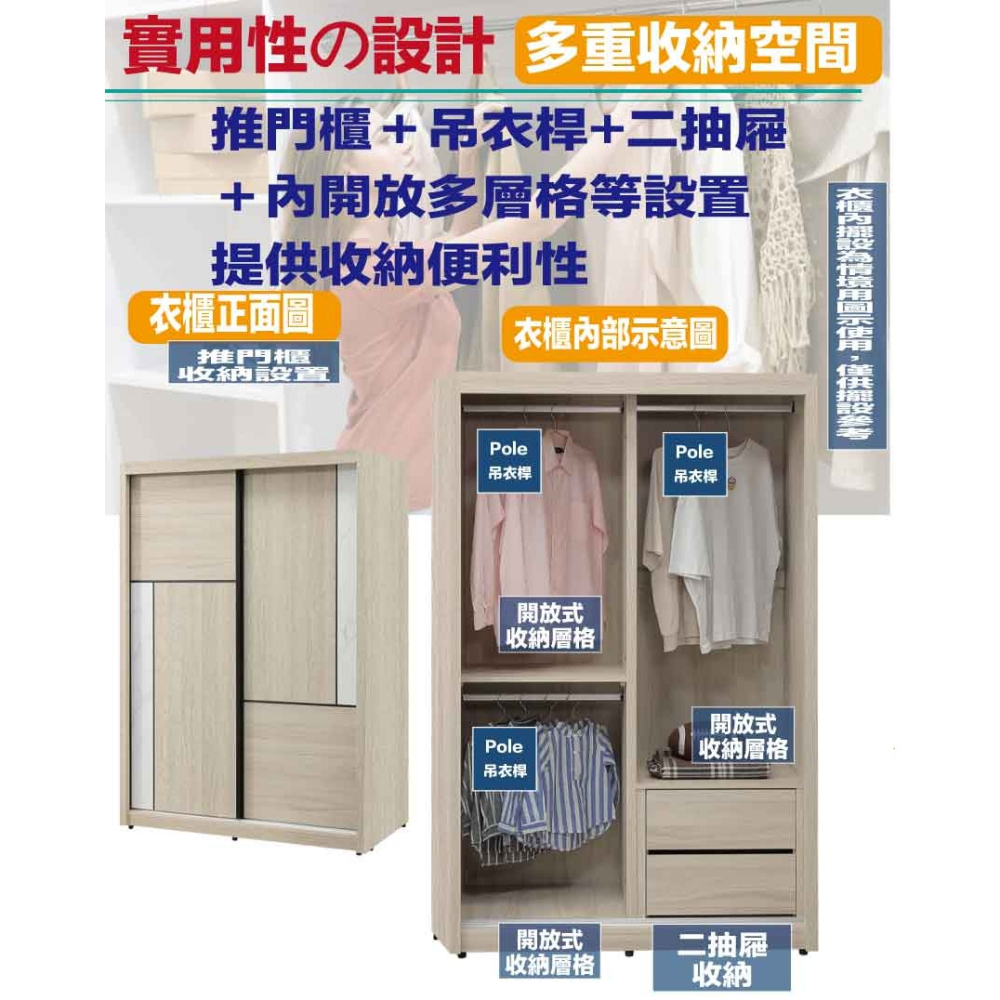 【綠家居】安卡蘭4.1尺多功能推門衣櫃-細節圖6