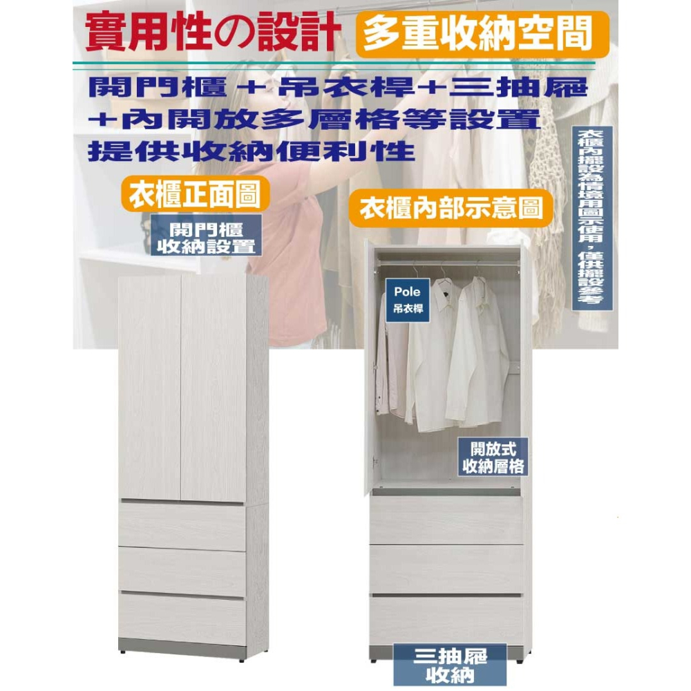 【綠家居】維斯2.5尺二門三抽衣櫃-細節圖7