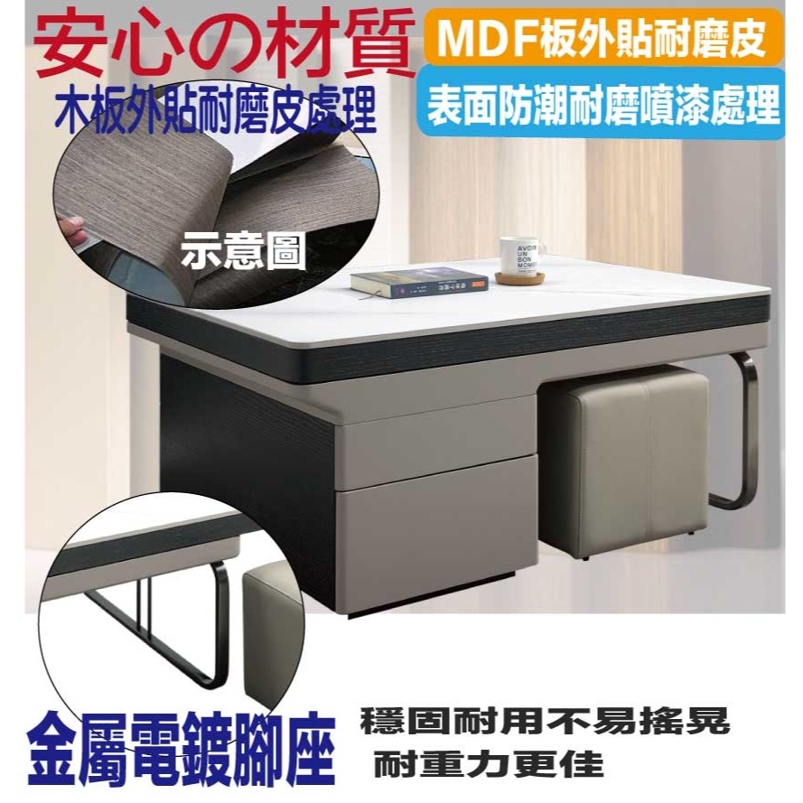 【綠家居】弗斯3.5尺雲紋石面升降大茶几(桌面可升降&橫移＋附贈單個皮革圓凳)-細節圖5