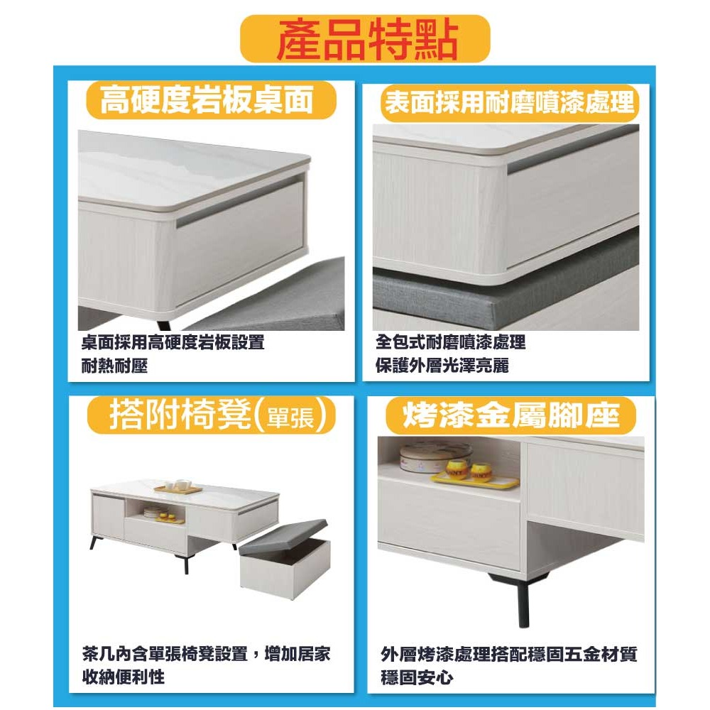 【綠家居】米克瑞4尺岩板開門二抽大茶几(附收納椅凳單張)-細節圖8