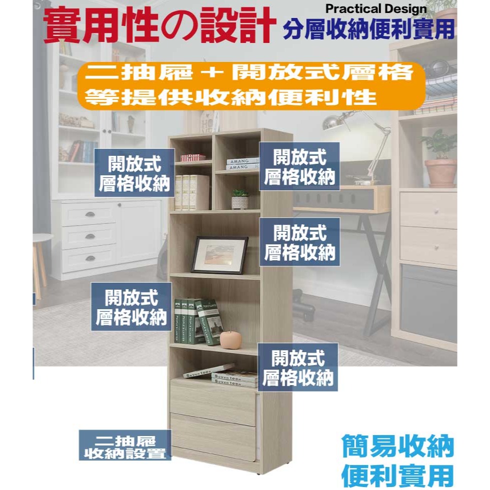 【綠家居】安卡蘭2尺二抽開放式書櫃-細節圖6