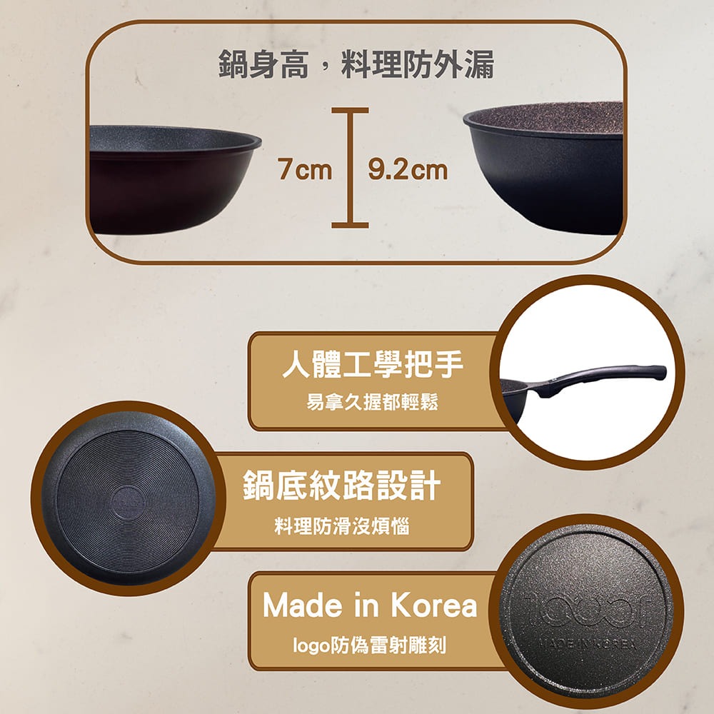 韓國ICUCI 超耐磨 金礦極輕不沾炒鍋28cm(瓦斯款/香檳金/百萬次耐磨/極輕)-細節圖2