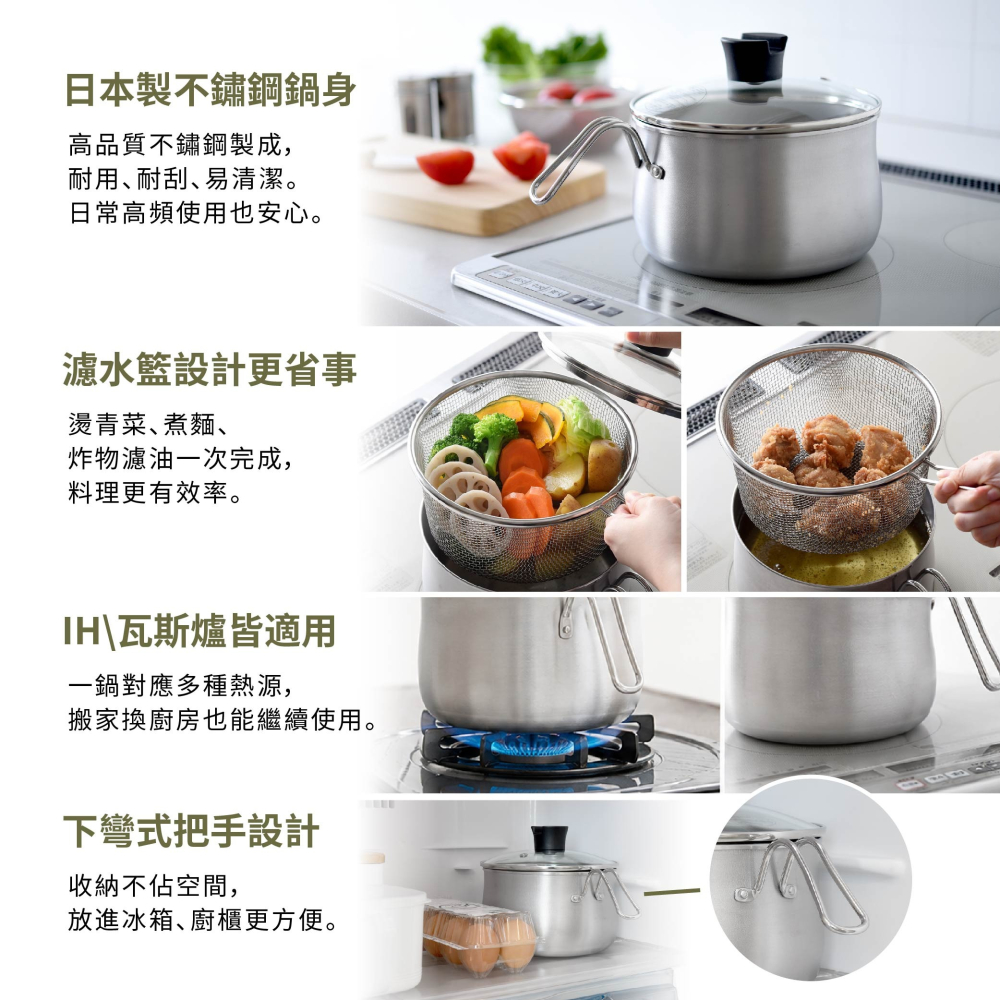 日本Arnest 逸品物創不銹鋼三合一萬用料理鍋附瀝水藍、玻璃蓋19cm-細節圖5