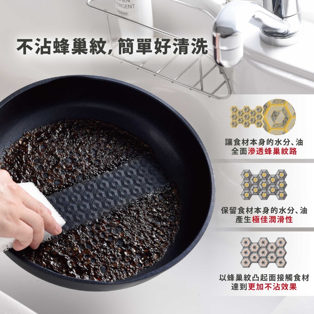 日本 Arnest 鑽石蜂巢紋不沾深型炒鍋24cm-深邃黑(瓦斯爐和IH爐可適用/兩百萬次耐磨）-細節圖5