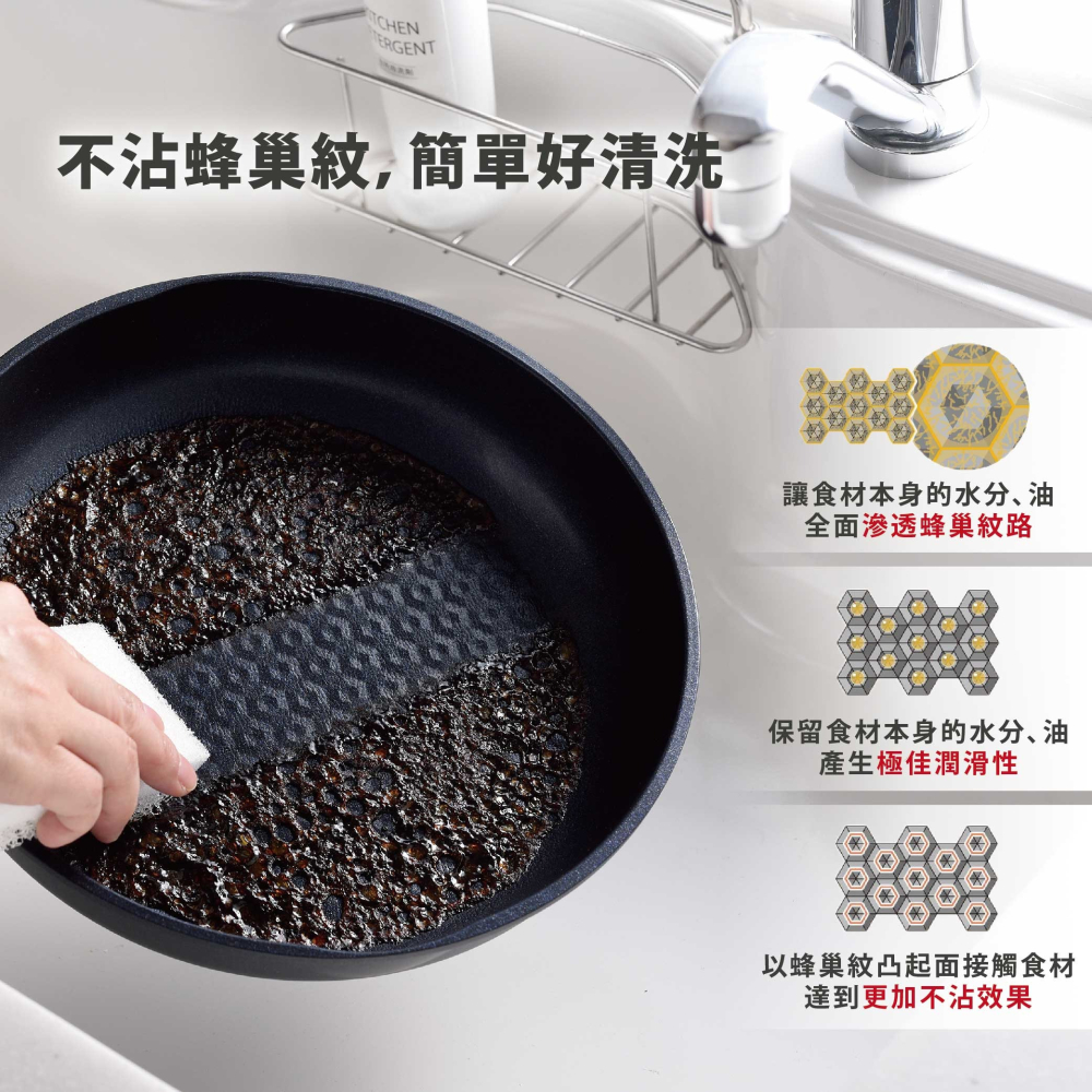 日本 Arnest 鑽石蜂巢紋不沾平底鍋26cm-深邃黑(瓦斯爐和IH爐可適用/兩百萬次耐磨）-細節圖5
