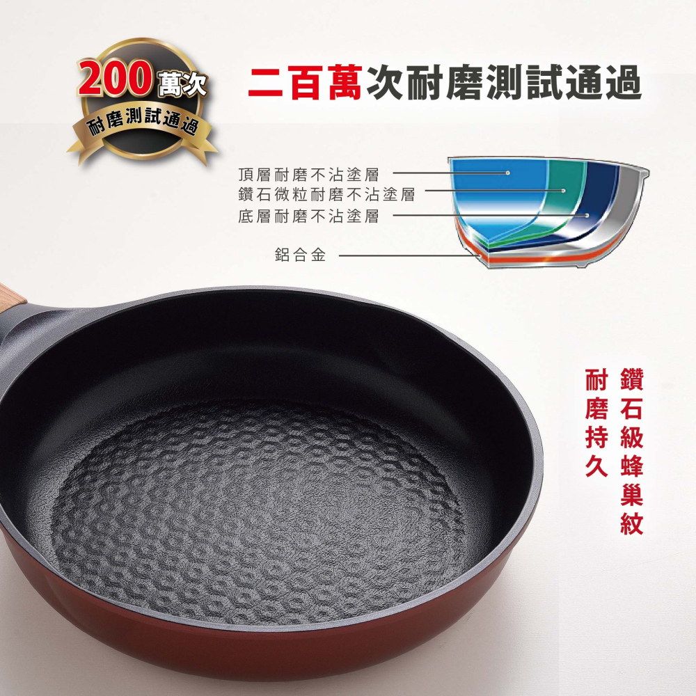 日本 Arnest 鑽石蜂巢紋不沾平底鍋26cm-酒釀紅(瓦斯爐和IH爐可適用/兩百萬次耐磨）-細節圖3