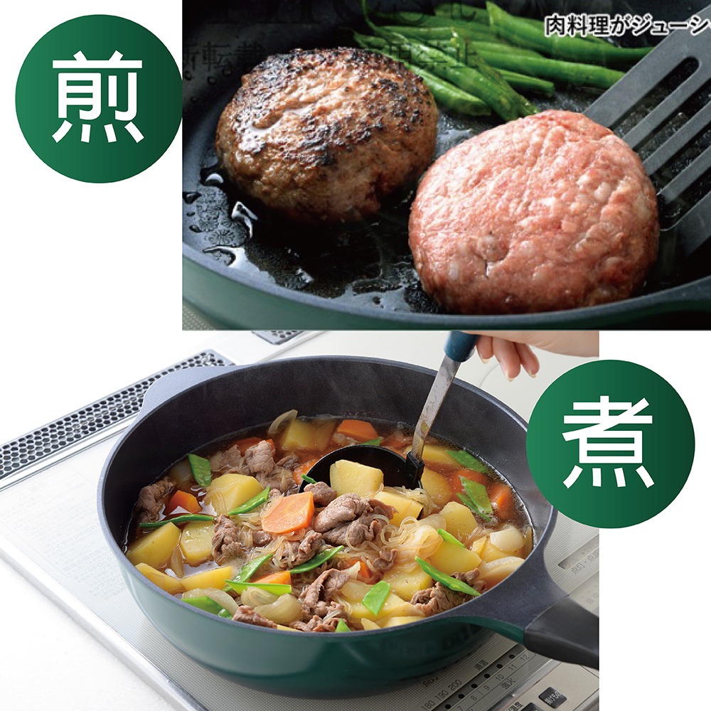 日本Arnest Bellfina鑽石深型平底IH不沾炒鍋28cm-森林綠（純黑把手/瓦斯爐和電磁爐IH可用款）-細節圖6