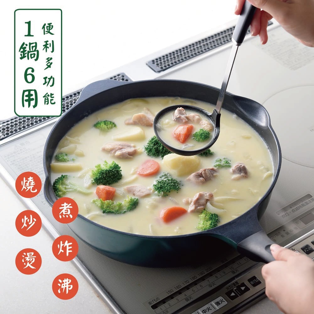 日本Arnest Bellfina鑽石超輕量IH雙口寬底不沾炒鍋30cm-森林綠(瓦斯爐和電磁爐IH可用款)-細節圖6