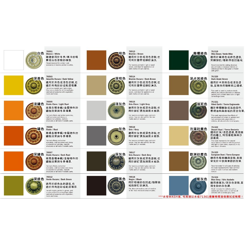 AV Vallejo V 漬洗液 色表 Model Wash 舊化滲線 鋼彈 水性模型漆 模型漆 水性漆 西班牙顏料色票-細節圖2