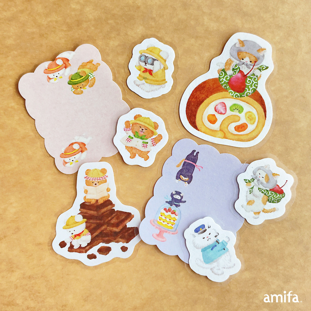 🐰兔子心 日本 amifa 貼紙包 貓咪 甜點小偷 探險小熊 巧克力 果凍 生乳捲 手帳 拼貼-細節圖2