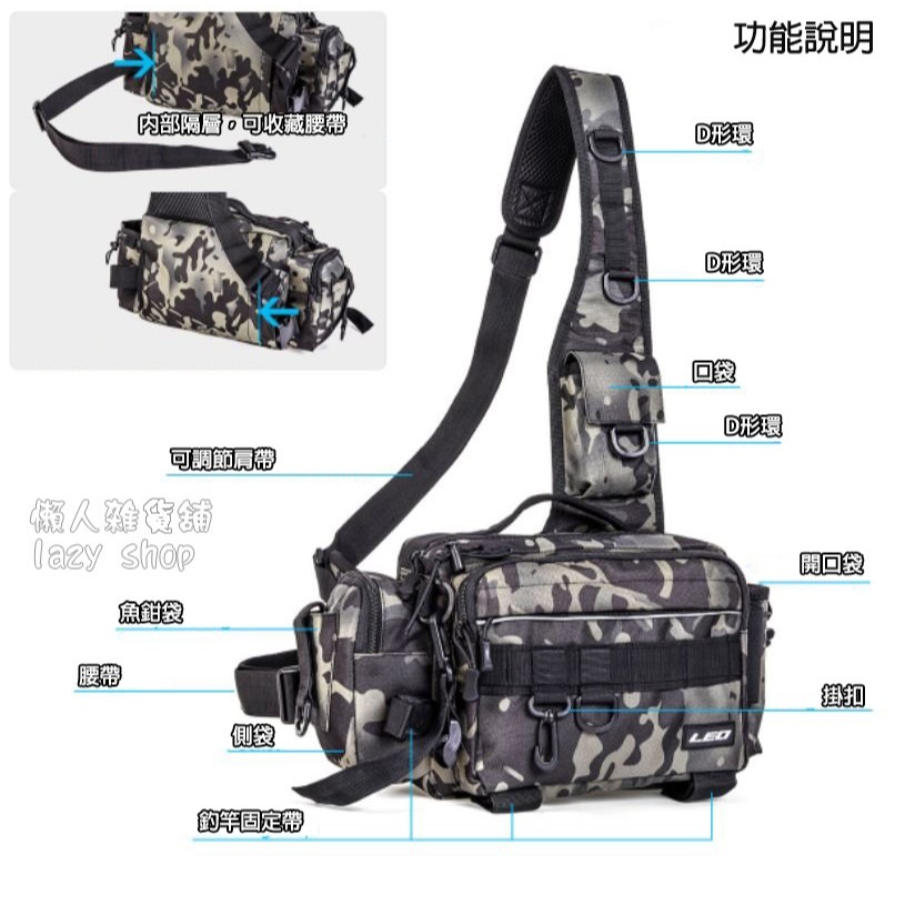 《懶人雜貨舖》leo 單肩路亞包 黑夜迷彩 斜背包 魚餌 漁輪 釣魚包 漁具包 釣具包 路亞包-細節圖4