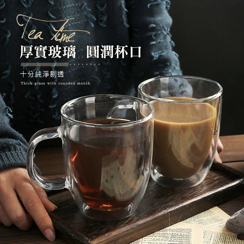 雙層玻璃咖啡杯350ML400ML 馬克杯 耐熱玻璃 高硼矽帶把玻璃杯 咖啡杯 隔熱防燙杯 【CC0178】-細節圖6