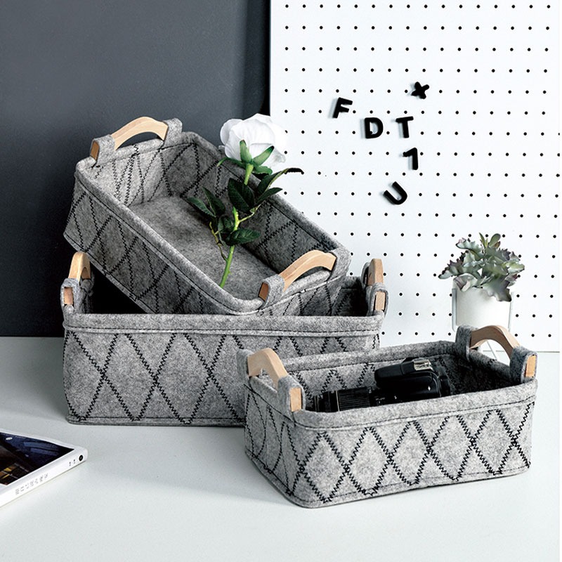 木柄提手毛氈收納筐 布藝收納筐 日式木柄提手毛氈收納籃 雜物桌面玩具衣物零食鑰匙收納筐 整理儲物【SN0114】-細節圖9