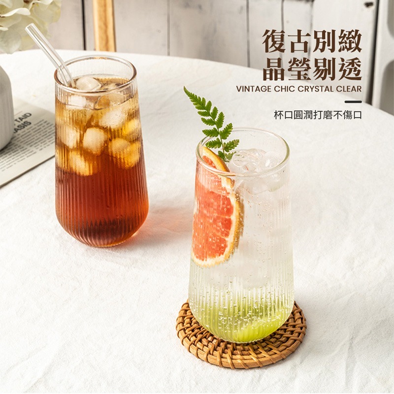 ins豎紋玻璃杯 條紋玻璃杯 耐熱 耐冷 高款玻璃杯 水杯 飲料杯 咖啡杯 復古杯 輕奢玻璃杯 玻璃杯【CC0514】-細節圖5