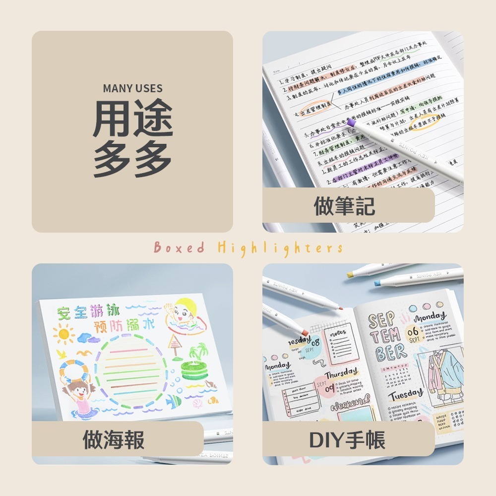 盒裝螢光筆 雙頭螢光筆 記號筆 標註筆 做筆記 畫重點 手帳塗鴉筆 透明筆盒 文具 學習 著色 五色【WJ0215】-細節圖7