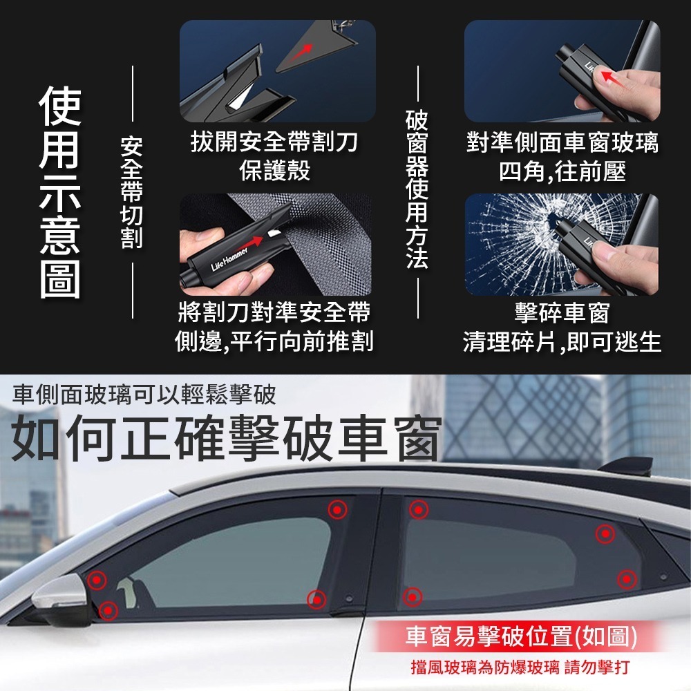 車窗擊破器 汽車安全錘 應急錘神器 逃生錘 救生錘 車用破窗器 破窗器 擊破器 破窗神器 安全帶切割器【CY0134】-細節圖7