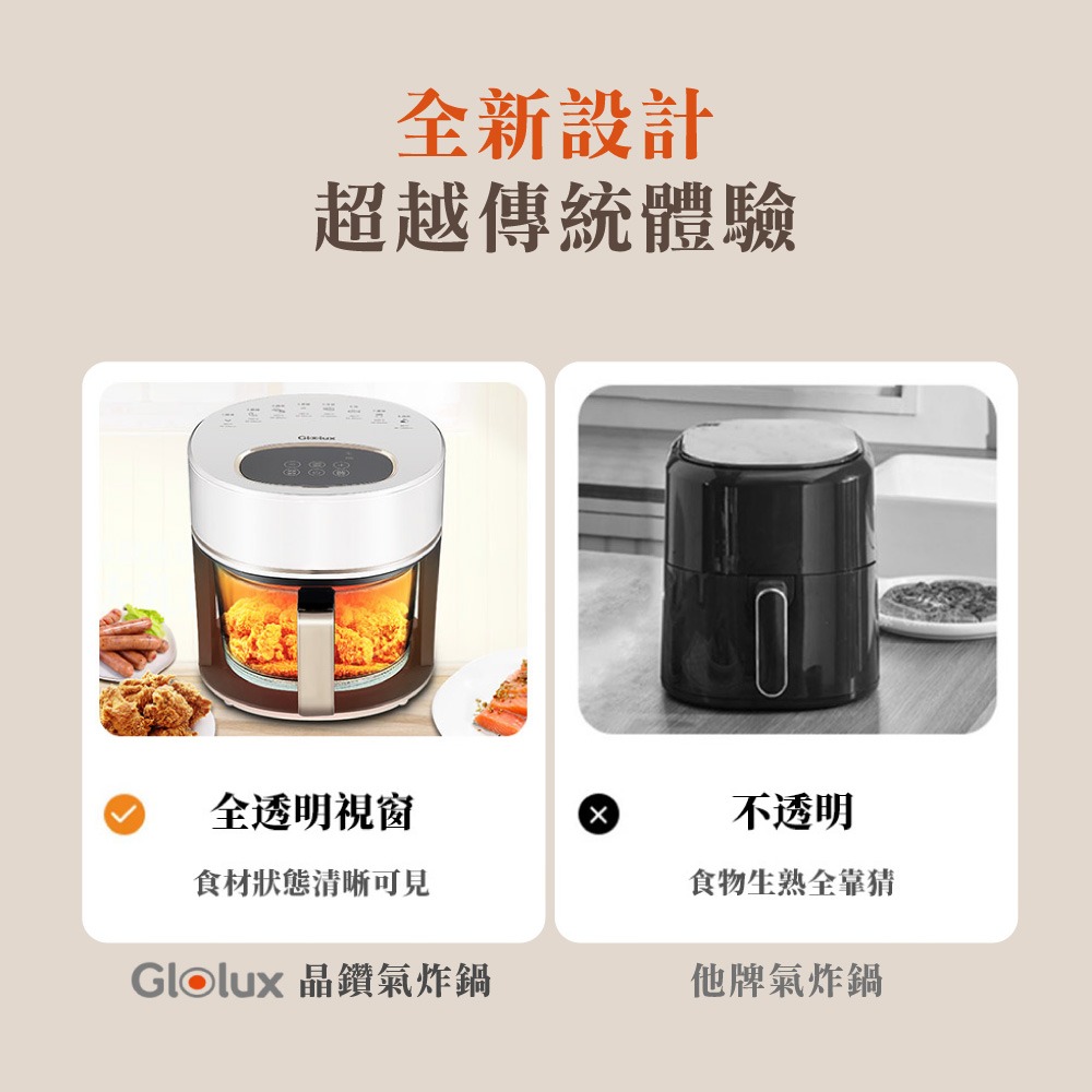 Glolux 晶鑽氣炸鍋 高硼矽玻璃 觸控面板 安全斷電 3.5L智能 全景可視觸控式 晶鑽玻璃 氣炸鍋【DZ0197】-細節圖2