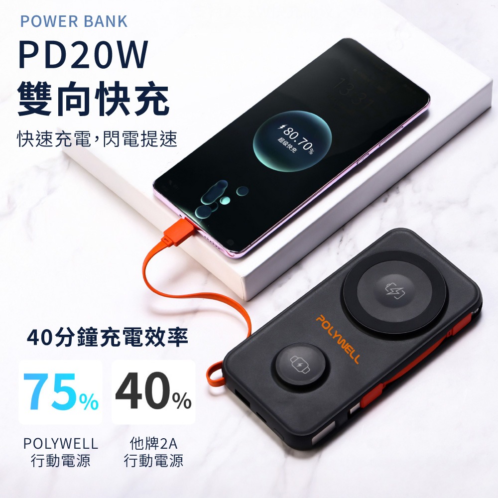 POLYWELL 多合一磁吸無線充行動電源 1萬mAh 寶利威爾 自帶線USBType-C 蘋果頭 【DZ0222】-細節圖3