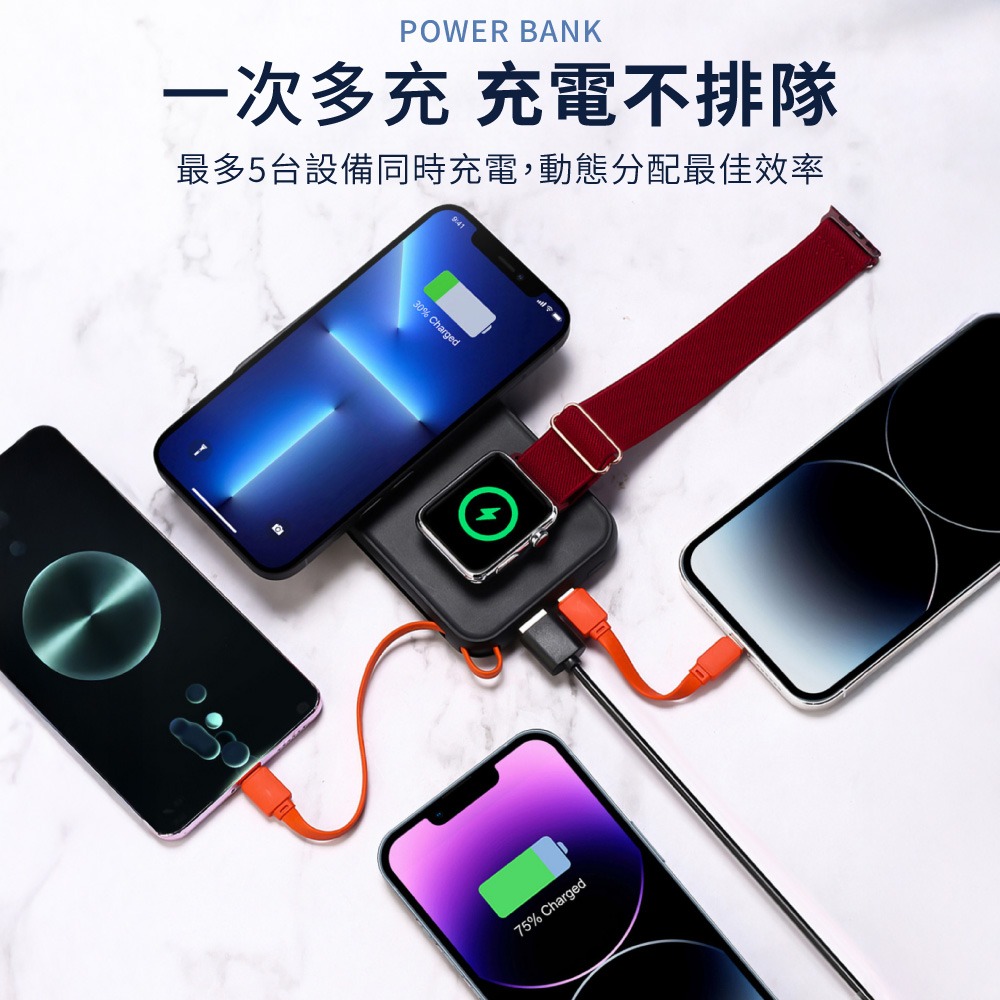 POLYWELL 多合一磁吸無線充行動電源 1萬mAh 寶利威爾 自帶線USBType-C 蘋果頭 【DZ0222】-細節圖4