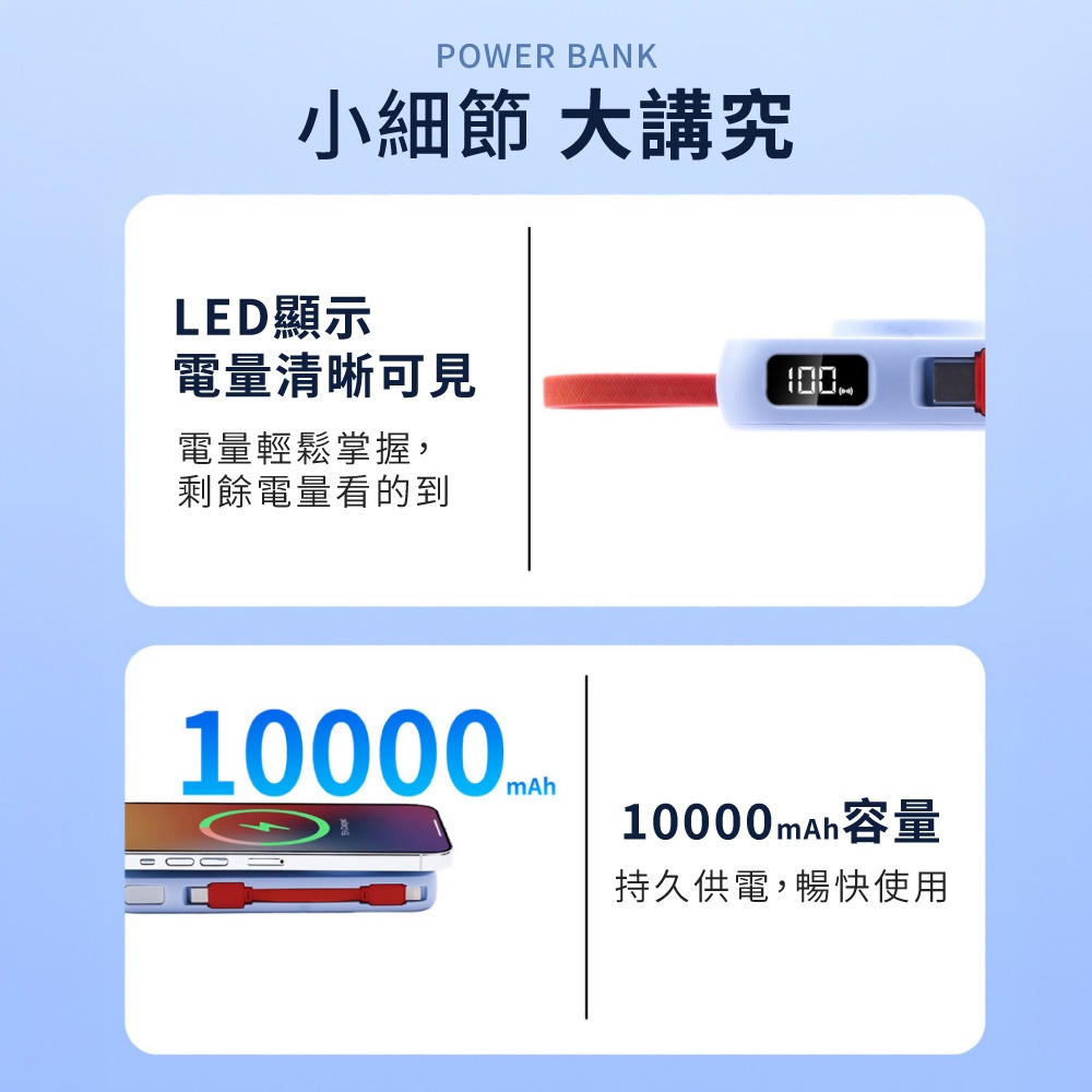 POLYWELL 多合一磁吸無線充行動電源 1萬mAh 寶利威爾 自帶線USBType-C 蘋果頭 【DZ0222】-細節圖6