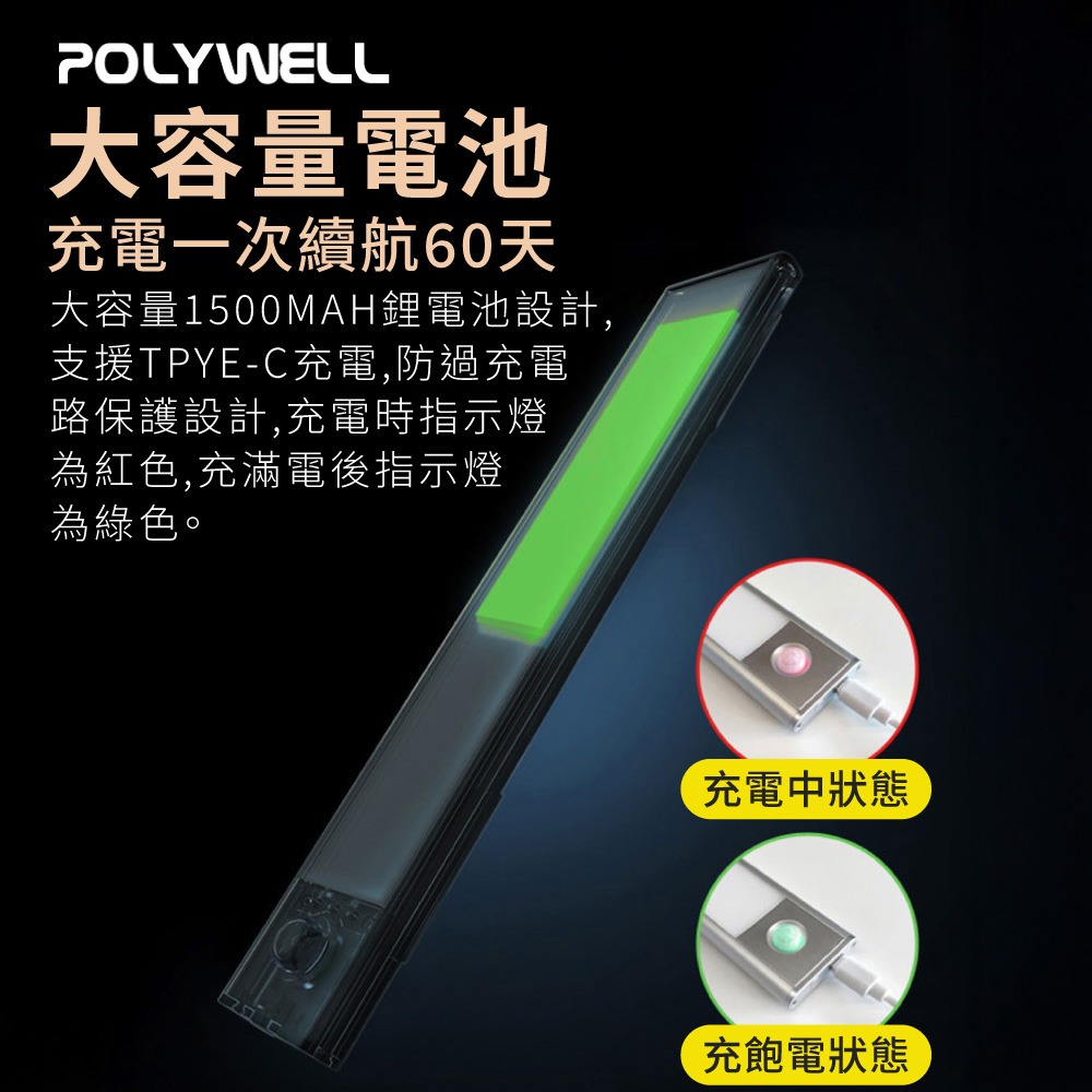 磁吸式LED感應燈 超薄型 USB-C充電 櫥櫃燈 人體感應燈 POLYWELL 寶利威爾 三色感應燈【DZ0235】-細節圖4