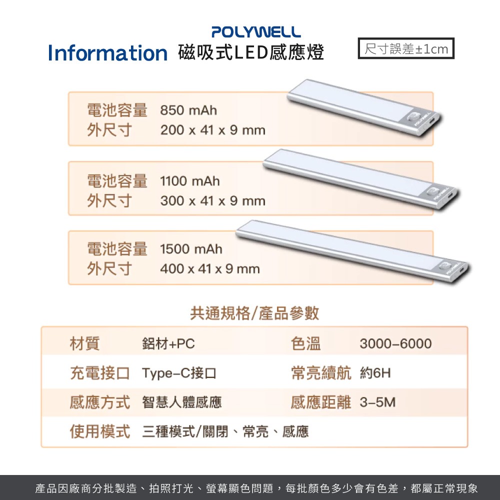 磁吸式LED感應燈 超薄型 USB-C充電 櫥櫃燈 人體感應燈 POLYWELL 寶利威爾 三色感應燈【DZ0235】-細節圖8